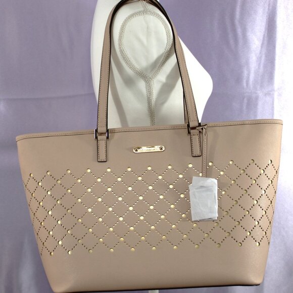 Michael Kors Beige Saffiano Leather Tote–Studded Perforated Large Shoulder Purse - Picture 1 of 8
